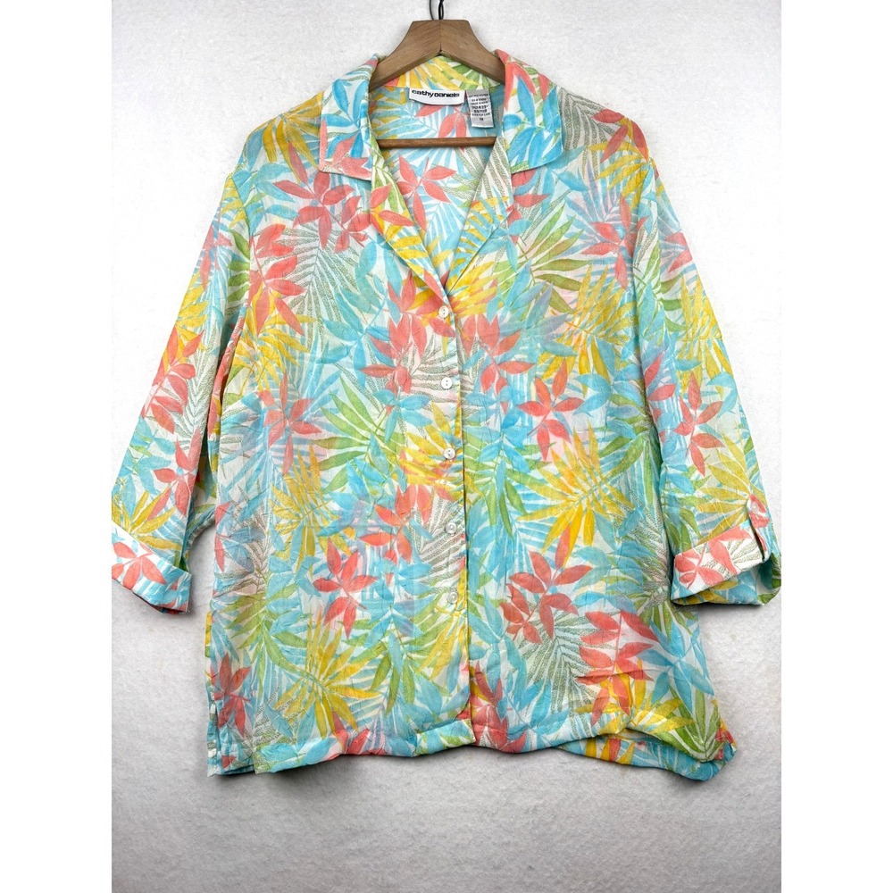 Cathy Daniels Button Front Shirt Womens 1X Tropical Leaf Print‎ Resortwear Boho